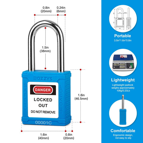 Lockout Tagout Locks 12 Pack Keyed Alike OSHA Blue Loto Locks with chrome shackle and durable nylon unibody front view