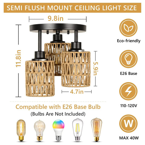 Three Light Boho Rattan Ceiling Fixture With Hand Woven Cage Shade Farmhouse Semi Flush Mount, dimensions and bulb icons shown
