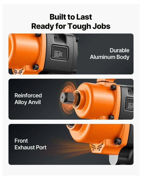 One Inch Pneumatic Impact Wrench Equipped With Twin Hammer Action features durable aluminum body, reinforced alloy anvil, and front exhaust port.