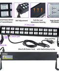 Detailed view of 60W LED Black Light Bar with 60 LEDs, 120-degree flood beam, plug and play switch, 5ft cable, party ready design.