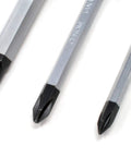 Close-up of 7 Piece JIS Driver Set Pro Grade Screwdrivers And Bits Bundle With JIS One, Two, And Three Drivers on white background.