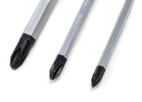 Close-up of 7 Piece JIS Driver Set Pro Grade Screwdrivers And Bits Bundle With JIS One, Two, And Three Drivers on white background.
