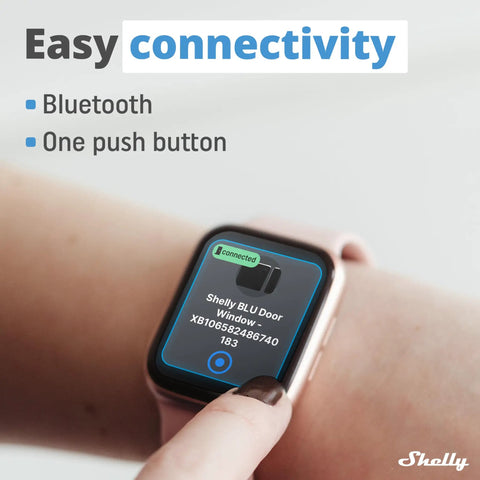 Smart Door And Window Sensor In Black With Bluetooth, Long Battery Life Up To 5 Years, displayed on a smartwatch for easy connectivity.