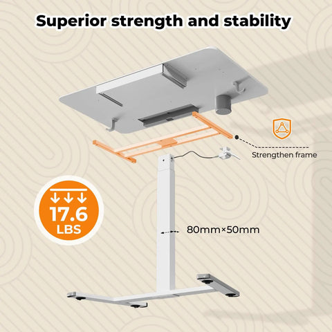 Flex Your Workspace Routine With This Slick Rollaway Standing Desk Featuring A Roomy Desktop Pull Out Storage Bin Built In Mug Holder Heavy Duty Side Hooks And Easy Glide Wheels, showing sturdy frame and strength details.