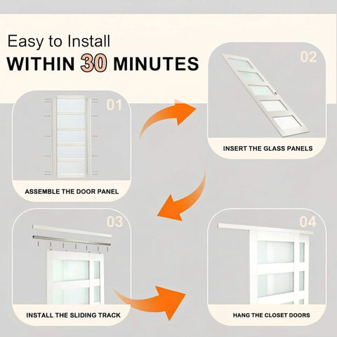 Installation steps for Double Sliding Closet Door Set 120 Inches Wide By 80 Inches High With 5 Lite Frosted Glass Panels
