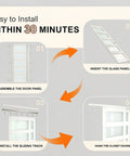 Instructional diagram for 96 Inch Double Sliding Closet Doors With 5 Lite Frosted Glass Pantry Panels including assembly steps.