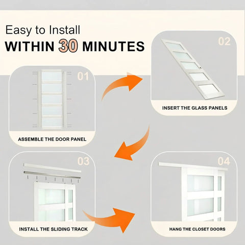 Instructional diagram for 96 Inch Double Sliding Closet Doors With 5 Lite Frosted Glass Pantry Panels including assembly steps.
