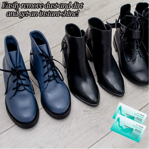Travel Lite Pre Moistened Shoe Shine Wipes Pack Of 50 Individually Wrapped Streak Free Leather Cleaning Wipes next to polished shoes