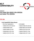 Belt compatibility chart for Beefy Heavy Duty Cub Cadet Deck Belt Replacement 108.3 Inch Aramid Cord Drive Belt