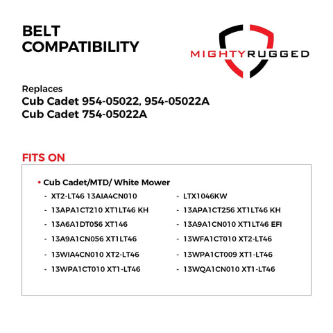 Belt compatibility chart for Beefy Heavy Duty Cub Cadet Deck Belt Replacement 108.3 Inch Aramid Cord Drive Belt