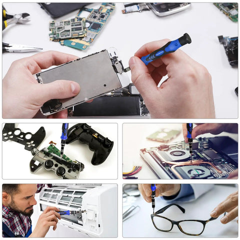 122 In 1 Magnetic Precision Screwdriver Set with Case for Electronics Repair tools used on phones, game controllers, and glasses.