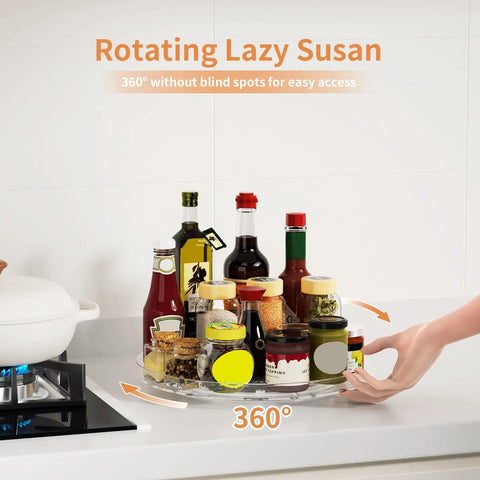 Two Pack Clear 9 Inch Lazy Susan Turntable Rotating Organizer Tray For Cabinet And Countertop Use Non Slip Round Spice Rack in kitchen