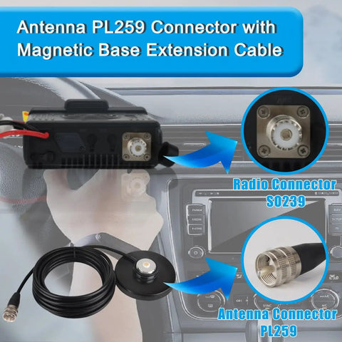 NMO Antenna Mount Magnetic Base 90mm With PL259 Connector showing installation with 16.4ft coax for HF VHF UHF GMRS radios
