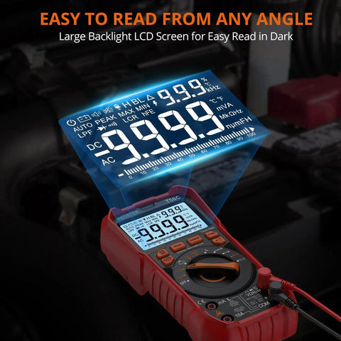 Go To Digital Multimeter With True RMS, 9999 Counts, Auto Ranging, AC DC Voltage And Current Meter, backlit LCD display visible