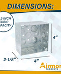 4 Inch Square Electrical Box With Ten Half Inch And Six TKO Knockouts, Welded Steel Construction For Heavy Duty Use, 30.3 Cu In Capacity, Two And One Eighth Inch Deep, showing dimensions and galvanized steel material.