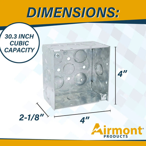 4 Inch Square Electrical Box With Ten Half Inch And Six TKO Knockouts, Welded Steel Construction For Heavy Duty Use, 30.3 Cu In Capacity, Two And One Eighth Inch Deep, showing dimensions and galvanized steel material.