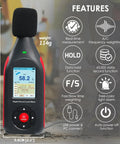Decibel Meter Data Logger With Real Time Sound Level Readouts, 43,000 Data Capture And Excel Export, Rechargeable Noise Monitor With AC DC Output, Three Color Alarm, PC Connectivity And Main Unit Display 16cm handheld digital sound level meter