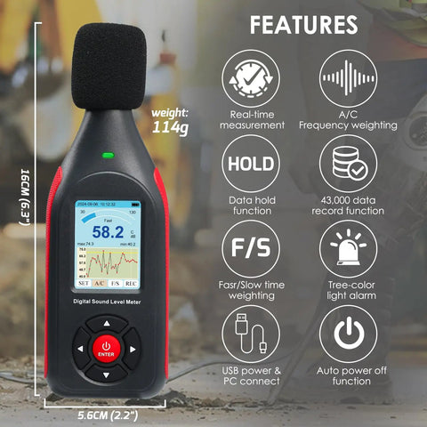 Decibel Meter Data Logger With Real Time Sound Level Readouts, 43,000 Data Capture And Excel Export, Rechargeable Noise Monitor With AC DC Output, Three Color Alarm, PC Connectivity And Main Unit Display 16cm handheld digital sound level meter