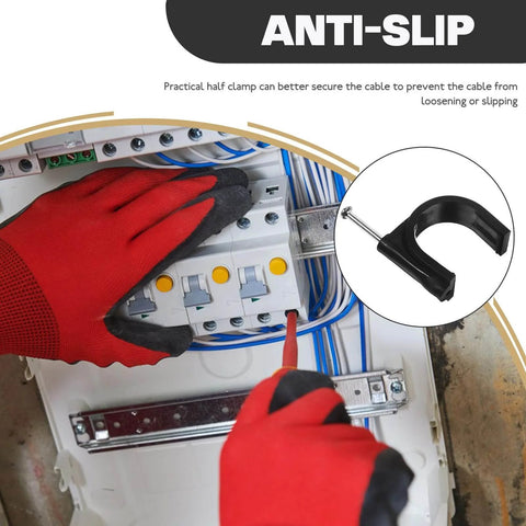 Electrician using 100 Piece 25mm Round Plastic Tube Clamps With Steel Nails Black Heavy Duty Half Clamp Fixtures for cable management.