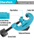 Image of a DuraTech Professional Tube Cutter with pipe rollers, cutter wheel, deburred reamer, and screw knob, showing 3-32mm size stamp.
