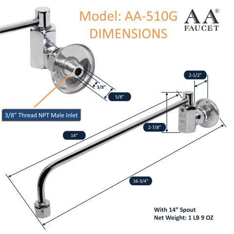 Center On Automatic Wok Range Faucet With Fourteen Inch Spout, Three Eighth Inch NPT Inlet, Wall Mount, Commercial Duty Brass Construction, Polished Chrome Finish, Built For Busy Restaurant Kitchens
