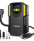 Digital Tire Inflator Portable Air Compressor Pump Tough Guy Workhorse with LED display, plug for car socket, and accessories.
