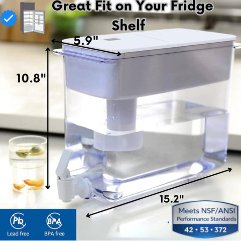 30 Cup Water Filter Pitcher With 5 Replacement Filters And Electronic Filter Change Reminder, dimensions and BPA-free label