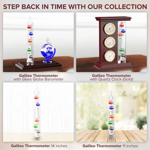 Galileo Style Glass Thermometer With Quartz Clock, Analog Barometer And Hygrometer, Indoor Outdoor Weather Station In Wood Frame