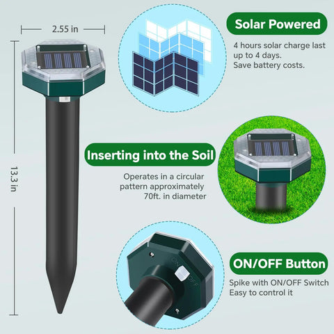 Solar Powered Ultrasonic Mole And Pest Repellent For Lawns And Gardens, Keeps Groundhogs Moles Voles Gophers Skunks And Snakes Out