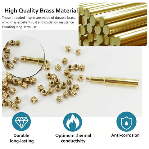 130 Pieces Heat Set Threaded Brass Inserts Kit M3x4x5 With Soldering Iron Tip For 3D Printed Plastic Materials Ideal For DIY Projects And Repair Jobs In ABS PLA PETG And Other Plastics
