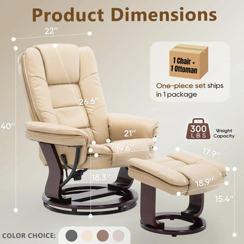 Dimensions of Swivel Recliner With Ottoman And Wood Base In PU Leather Ultra Plush Double Foam for cozy comfort