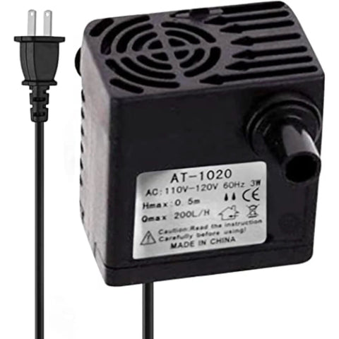 Mini Submersible Water Pump For Small Pet Fountains And Aquariums, 55 GPH 3W Lowkey Quiet Motor shown with power plug