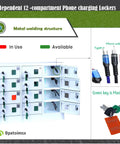 Solid Heavy Duty Steel 12 Slot Cell Phone Storage Lockers With Integrated Fast Charging Station And Secure Key Lock For Offices Schools And Work Crews White, showing compartments with charging cables.