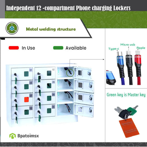 Solid Heavy Duty Steel 12 Slot Cell Phone Storage Lockers With Integrated Fast Charging Station And Secure Key Lock For Offices Schools And Work Crews White, showing compartments with charging cables.