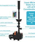 Diagram of Submersible Pond Fountain Pump 600GPH With Remote LED Lights detailing features like flow regulator and fountain jets.