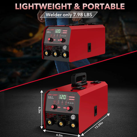 Pro Grade 120 Amp MIG Welder Combo 3 In 1 Gasless Flux Core MIG Lift TIG And Stick Welder For 110V showing lightweight and size.
