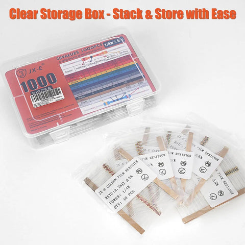 Massive 1000-Piece Resistor Kit With 25 Values From 1 Ohm To 1 Megohm, Quarter-Watt Carbon Film Resistors, in clear box