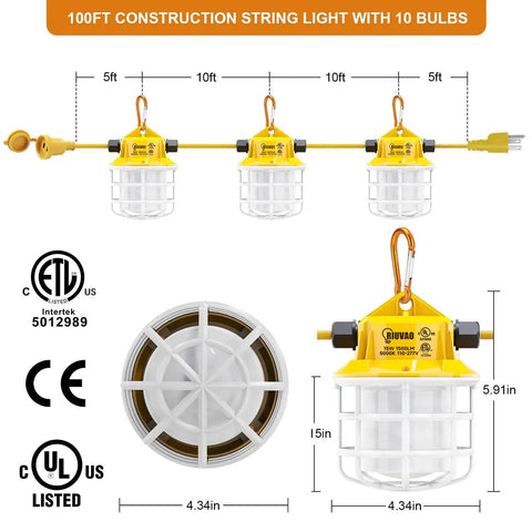 100 Foot LED Construction String Light Set With Ten 15W Lamps, 15000 Lumens Total, 360 Degree Beast Brightness, Outdoor IP65