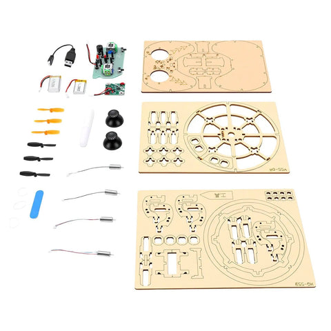 DIY Wooden Drone Kit With Dope Protective Frame For Safe Flying, 3 Speed RC Quadcopter parts and assembly components.