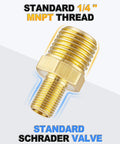Beefy Brass Tire Inflator Adapter One Quarter Inch MNPT To Schrader Valve Male showing standard thread detail