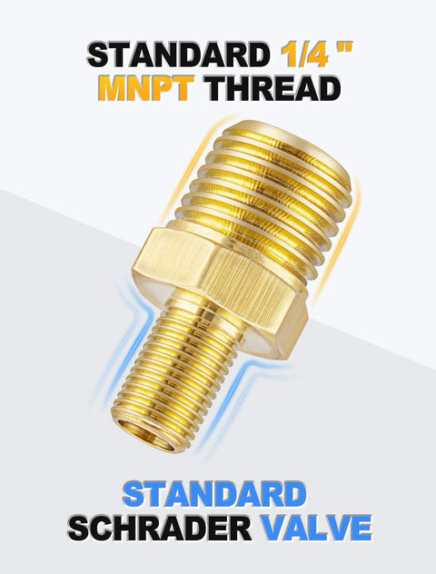 Beefy Brass Tire Inflator Adapter One Quarter Inch MNPT To Schrader Valve Male showing standard thread detail