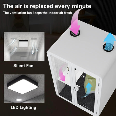 Mobile Soundproof Phone Booth With Soft Led Glow And Built In Usb Ports Compact Acoustic Work Pod for air ventilation and LED lighting.