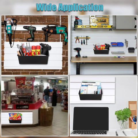 Large Slatwall Bins Set of 4 for Garage and Workshop Storage showing various uses for tools, spices, and displays.