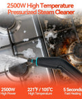 Kickass 2500W Handheld Steam Cleaner With Blazing Hot Pressure And Lightning Fast 10 Second Warmup spraying steam on a greasy stove top.