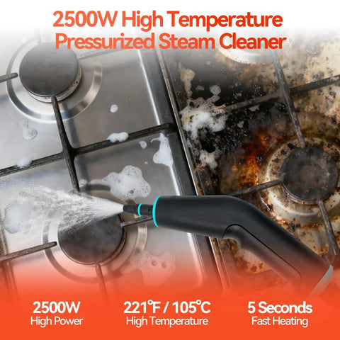Kickass 2500W Handheld Steam Cleaner With Blazing Hot Pressure And Lightning Fast 10 Second Warmup spraying steam on a greasy stove top.