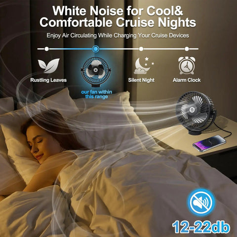 Ceiling Or Wall Mount Magnetic Cruise Fan With 8000mAh Rechargeable Battery on nightstand, creating white noise for comfort.