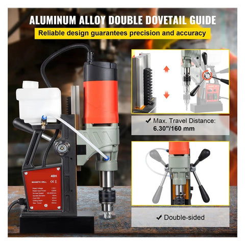 Beefy 1200W Magnetic Drill Press With 40mm Capacity and 13000N Hold, showcasing aluminum alloy double dovetail guide for precision.