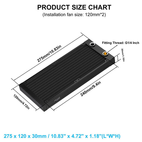 Dope 12 Pipe Aluminum Water Cooling Radiator For PC And CPU Rig 240mm G1 Quarter Inch Thread Heat Exchanger With High Flow Liquid Cooling Durable Black Radiator For Computer Laser Cooling System DC 12V size chart, 275 x 120 x 30mm