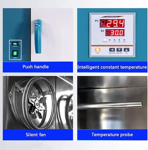 Top Shelf Laboratory Vacuum Drying Oven With 16L Or 43L Capacity Digital Controller And Gauge, showing push handle, digital display, silent fan, and temperature probe.