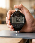 Pro Grade Digital Durometer And Shore A Hardness Tester Designed For Fast Bench Reads With A Sharp High Contrast Display serving 68 HD measurement on a rubber sample.